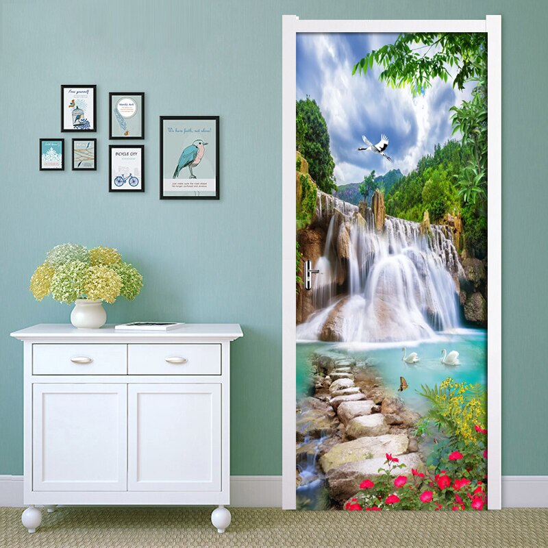 3D Beautiful Mountain Waterfall Door Sticker Living Room Bedroom Self-Adhesive Waterproof Mural Wallpaper For Walls 3 D Sticker