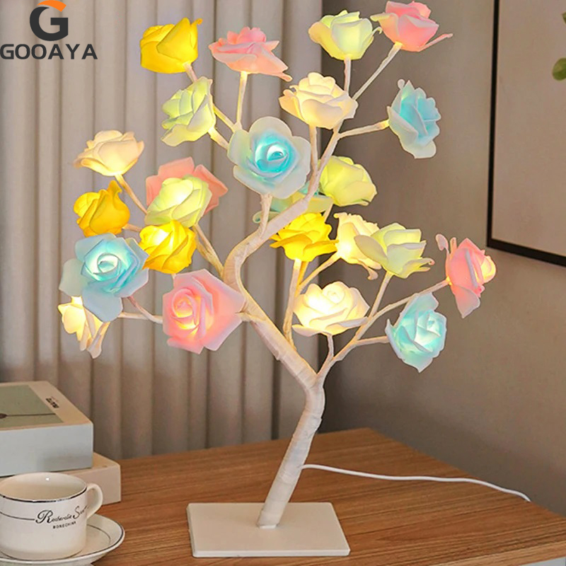 Lámpara de mesa 24LED, árbol de flores rosas, luces nocturnas USB, decoración navideña, para habitación de niños, iluminación de flores rosas, decoración del hogar: Azul cielo