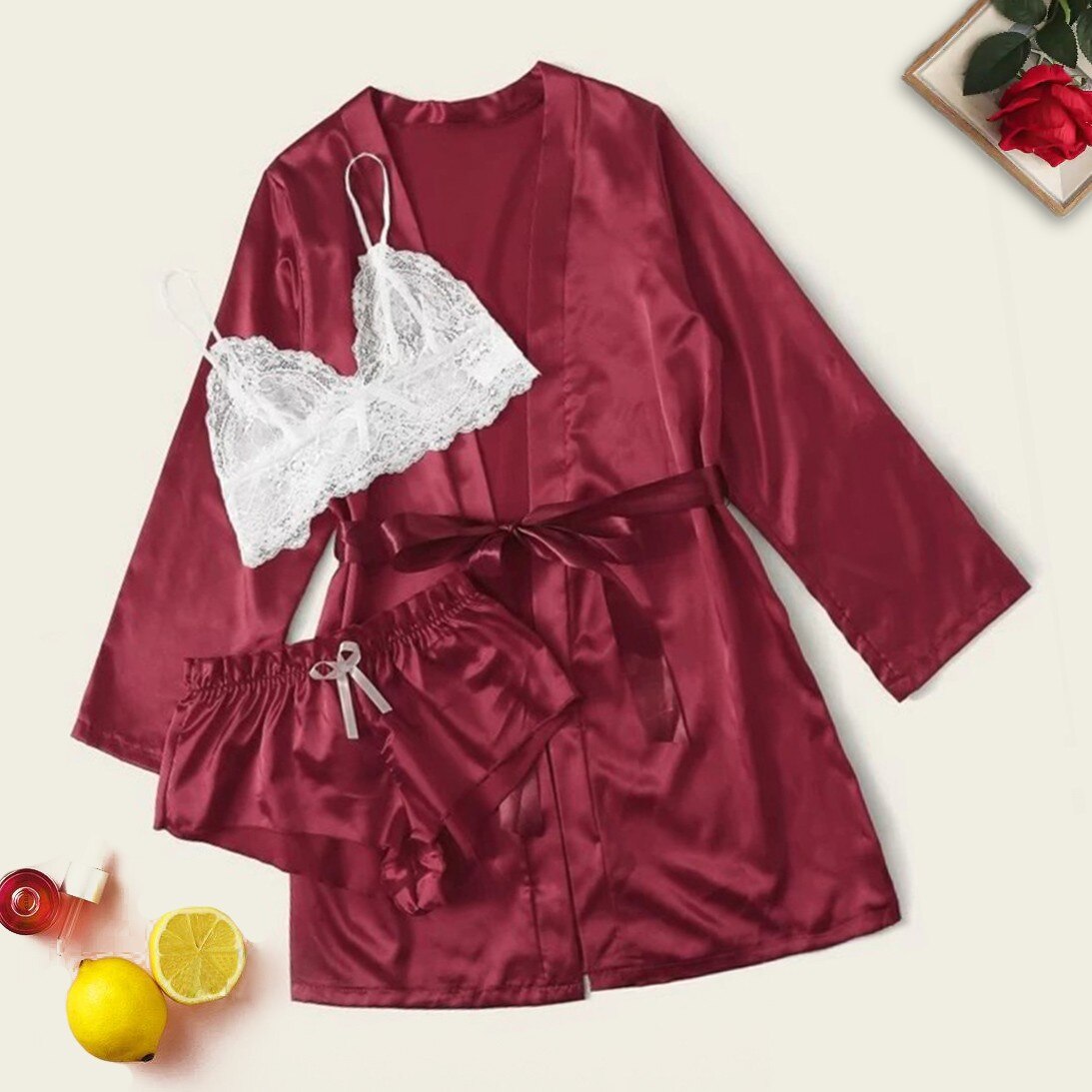 Nightdress Night Women Clothing Femininos 3PC Women Lace Satin Wireless Bra Camisole Bow Shorts Pajamas Sleepwear Robe Set LW