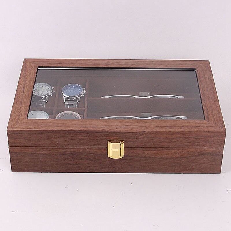 Houten 4 Cellen Horloge Vitrine, 3 Cellen Eyegl Display Organizer, Gl Overgoten Houten Horloge Vitrine