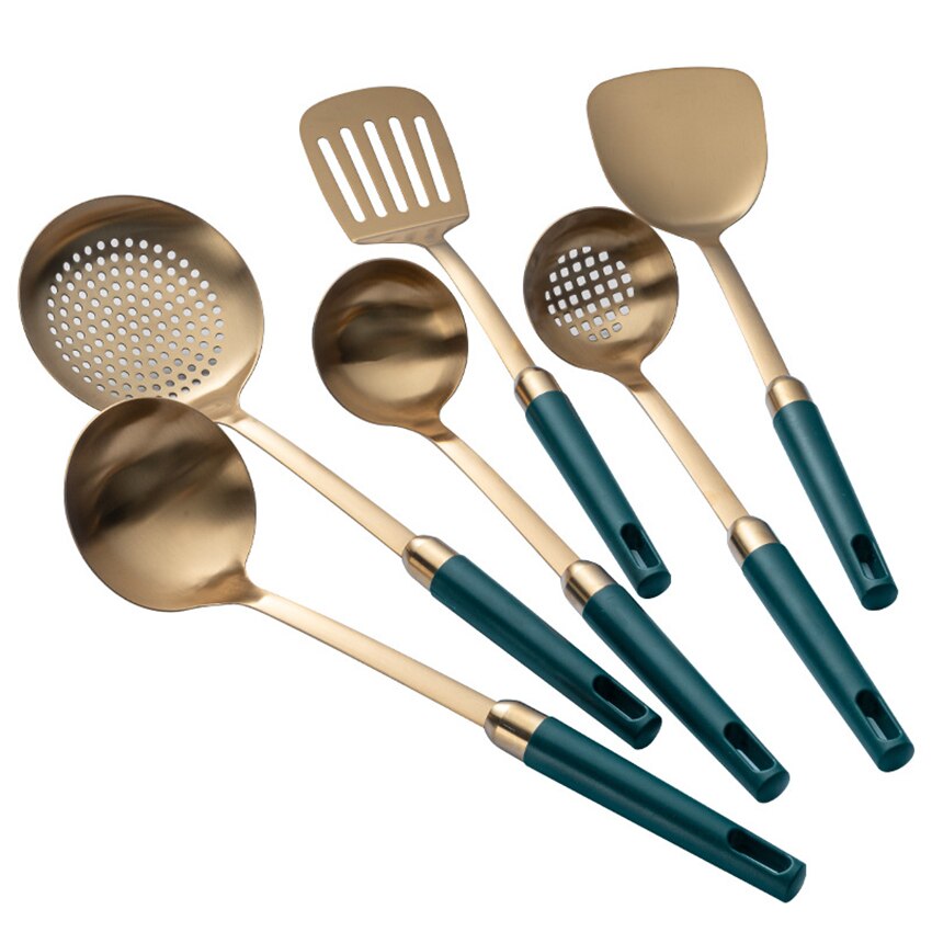 Gold Stainless Steel Kitchenware Set Nordic Luxury Kitchen Cooking Utensils Scoop Soup Spatula Ceramic Handle Non-stick Cookware