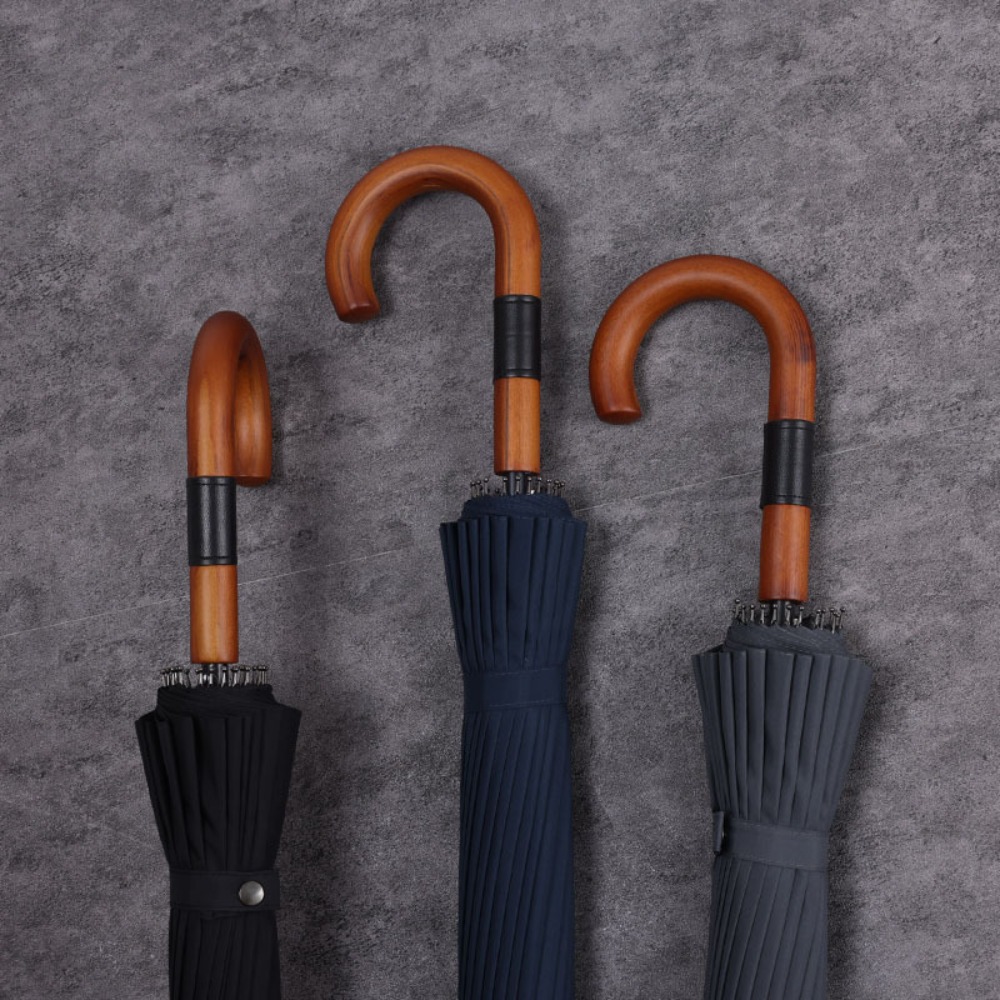Regenschirm mit langem Griff, große automatische Regenschirme, 24-Knochen-Massivholzgriff, robuster, windbeständiger Verstärkung, Regenschirm