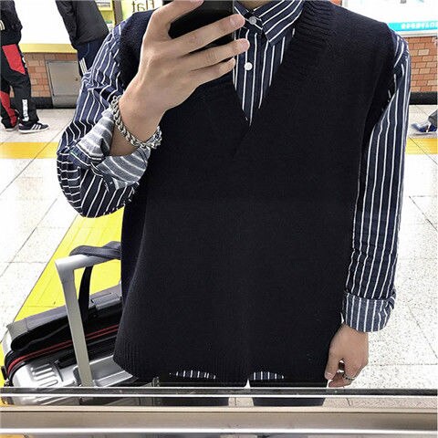 Sweater Vest Men V-neck Sleeveless Solid Simple All-match Leisure Mens Knitted Vests 2XL Oversize Chic Preppy Style Daily: black / L