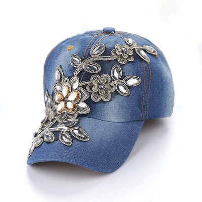 verano mujeres delicadas diamante gorra de béisbol flor Snapback estilo señora Jeans sombreros