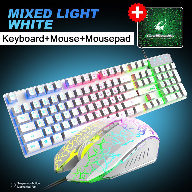 German Keyboard+Mouse+Mousepad Sets PC Gamer Keyboard RGB Backlit Keyboard 104 Keys Wired Keyboard Mause Gamer Gaming Mouse 2022: white sets