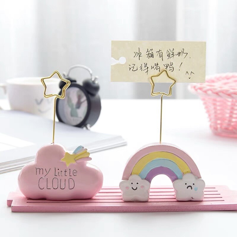Kawaii sød pink sky harpiks besked bord metal holder klip memo klip besked foto postkort holder mappe klip