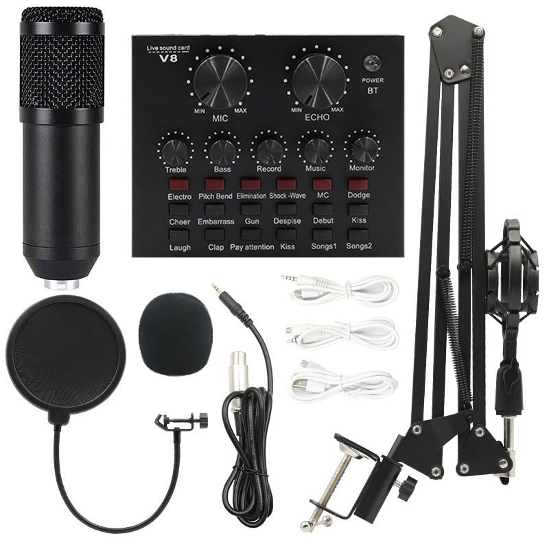 BM800 XlR Microfoon Gelede Arm V8 Live Geluidskaart Podcast BM 800 Condensor Professionele Studio Record Apparatuur Geluidskaart: Golden