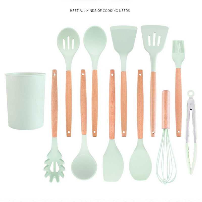 Siliconen Kookgerei Set Soep Lepel Borstel Pollepel Pasta Houten Handvat Spatel Vergiet Non-stick Kookgerei Keuken Gereedschap