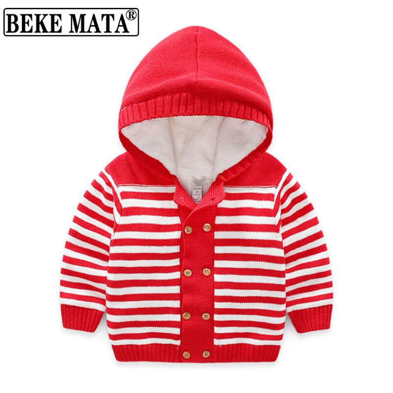 2022 Winter Dikke Katoenen Gebreide Hooded Gestreepte Baby Boy Truien Lange Mouw Peuter Meisje Jas Double Breasted Baby Kleding