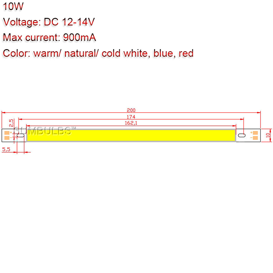 [Sumbulbs] 200x10MM 0422 10W luz LED COB tira lámpara DC 12-14V 1000LM verde amarillo rojo azul blanco cálido barra de luz blanca pura