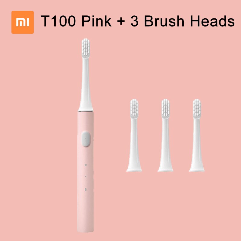 XIAOMI MIJIA Sonic Electric Toothbrush T100 IPX7 Waterproof Rechargeable Toothbrush Adult Ultrasonic Automatic Tooth Brush: Pink 3 brushes