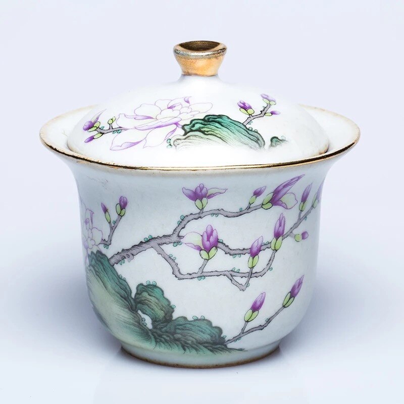 Gardon Bird Gaiwan Antique Kiln Tea Tureen Hand-painted Bird Pattern Tea Cup With Lid Ceramic Enamel Tea Ceremony Accessories: B