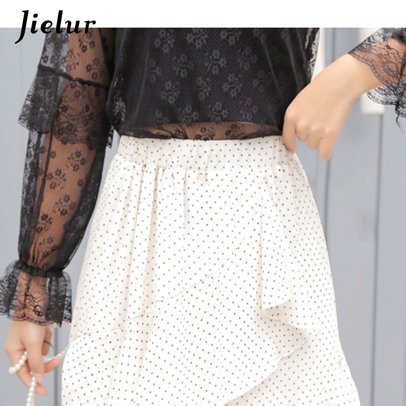 Jielur-falda blanca de lunares para mujer, Faldas de gasa holgadas con volantes, cintura elástica