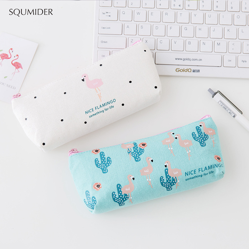 SQUMIDER 1PC Cute Flamingo Canvas Pencil Cases Stationery Storage Pen Bag School Office Pencil Bags Lovely Pencil Pouch