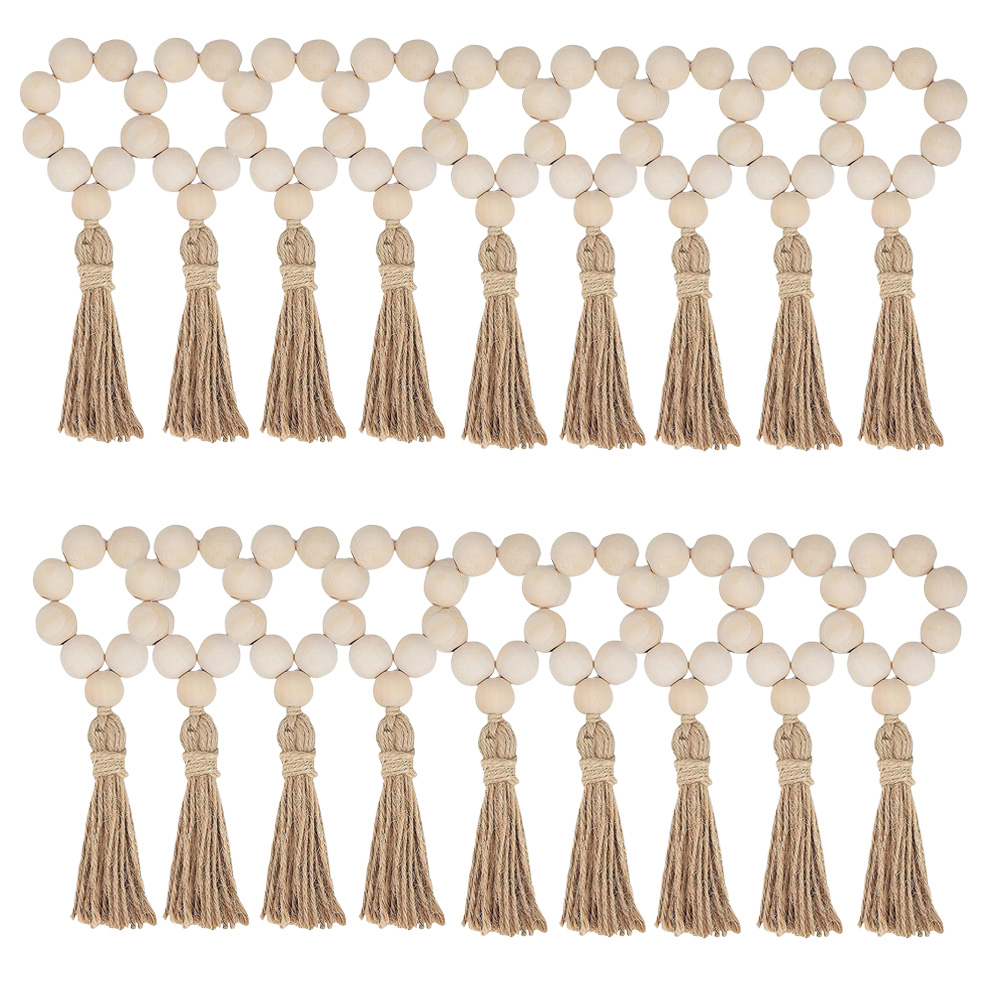 1/12PCS Wood Bead Napkin Rings Garland With Tassels Farmhouse Beads Rustic Country Table Napkin Holder Weddings Home Boho Decor: Dark Khaki