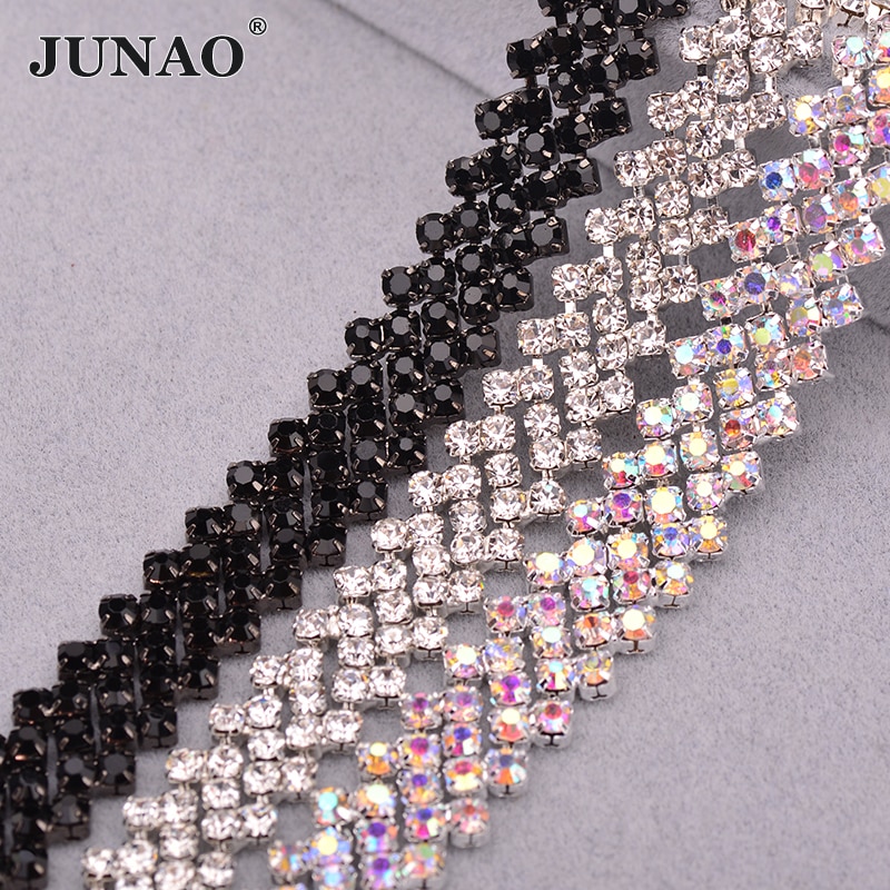 Junao SS16 Clear Ab Glas Strass Ketting Tape Crystal Applique Naaien Metalen Bekleding Banding Strass Lint Voor Kleding Sieraden