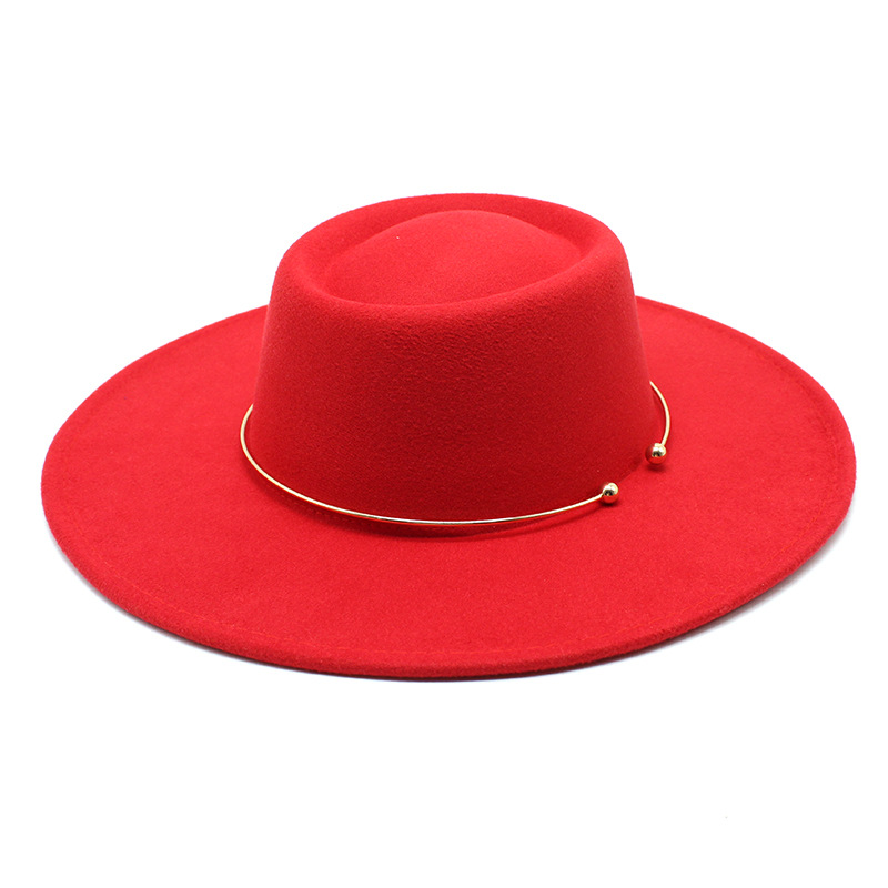 Fedora – chapeau feutré De Jazz pour femmes et hommes, à large bord De 9.5CM, avec chaîne en or, automne hiver, robe formelle: Rouge