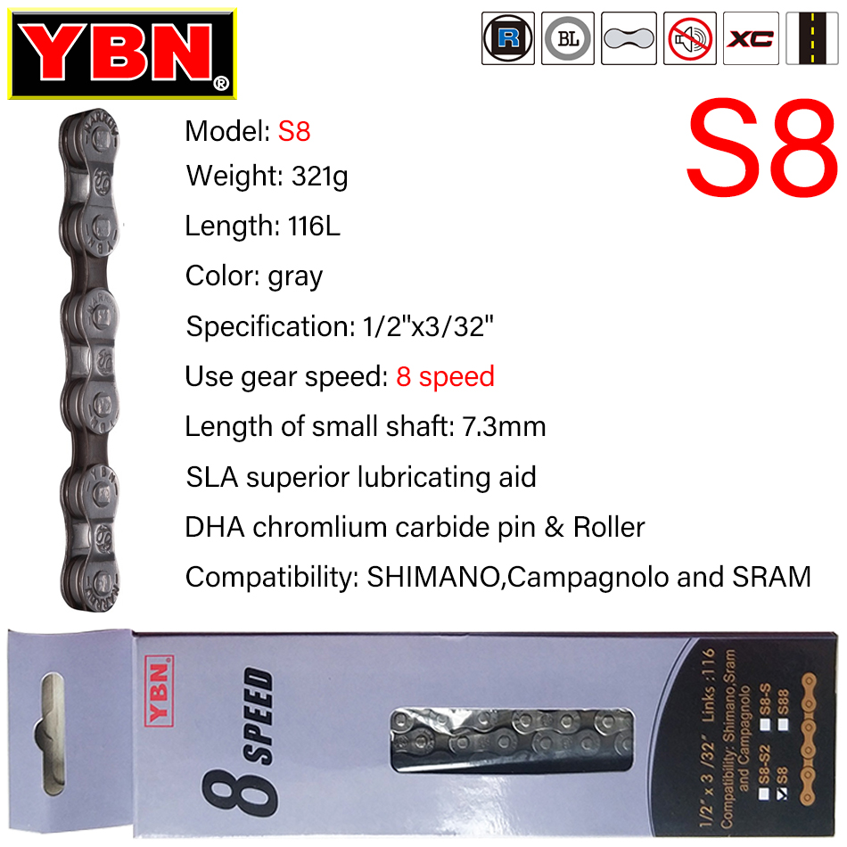 YBN-cadena para bicicleta de montaña, 8/9/10/1/12 velocidades, compatible con SRAM SHIMANO, sin empaquetar: 8 Speed S8 Boxed