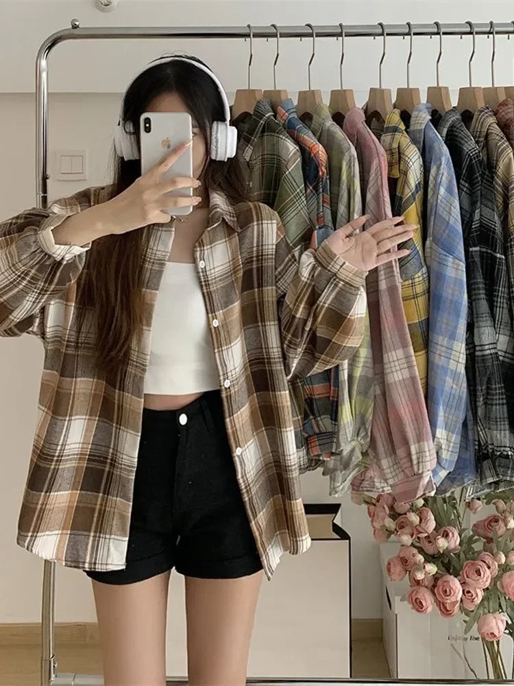 Ternet skjorte dame efterår langærmet top kvinde vintage enkeltradet bluse dame preppy stil løse ternede skjorter