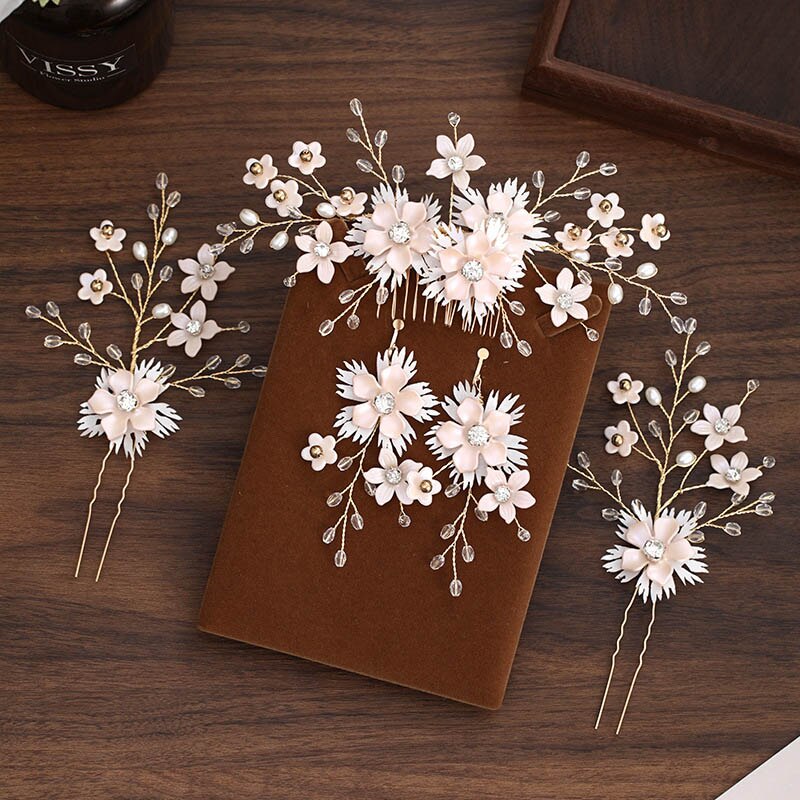 Korean Handmade Flower Crystal Pearls Hairpins Hair Combs Earrings Jewelry Sets for Women Girls Bride Wedding Party