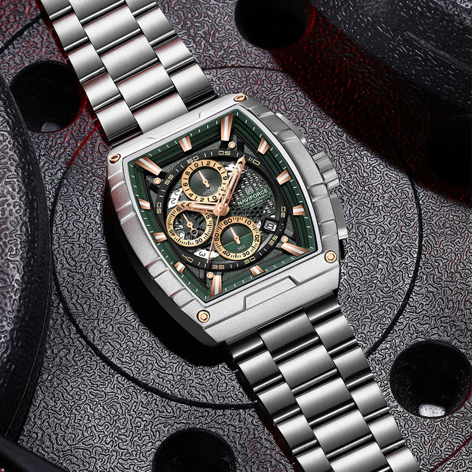 NAVIFORCE zegarek kwarcowy dla mężczyzn moda wodoodporny świecący chronograf zegarek Auto data pasek ze stali nierdzewnej zegar prezent