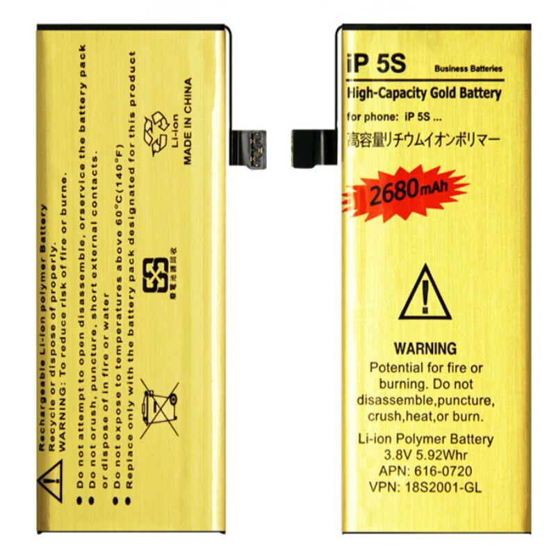 Hoge Capaciteit 2680 Mah Gold Vervangende Batterij Voor IPhone5 Iphone 5 5S 5C Batterij Ip5 Ip5s Ip5c: For iPhone 5S