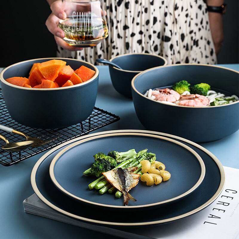 Morandi nordic blue matte keramiek serviesset huishoudelijk ontbijtbord hoogwaardig porseleinen steakbord serviesset