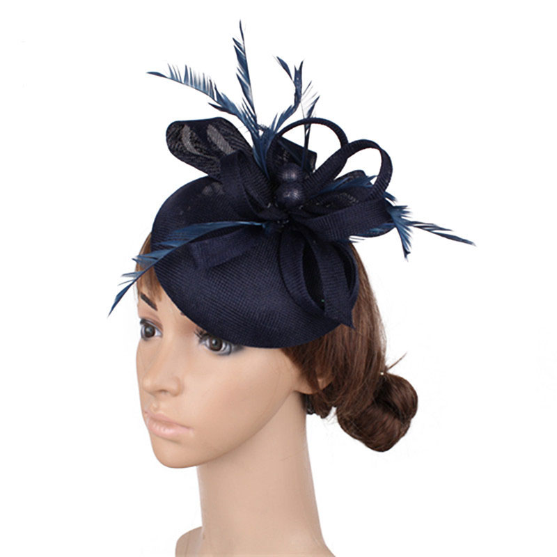 Fs Vrouwen Vintage Kerk Hoed Tovenaar Grote Derby Rose Rode Hoofdband Veer Mesh Party Hoeden Cocktail Grote Bruiloft Hoeden Fedora: Navy Blue