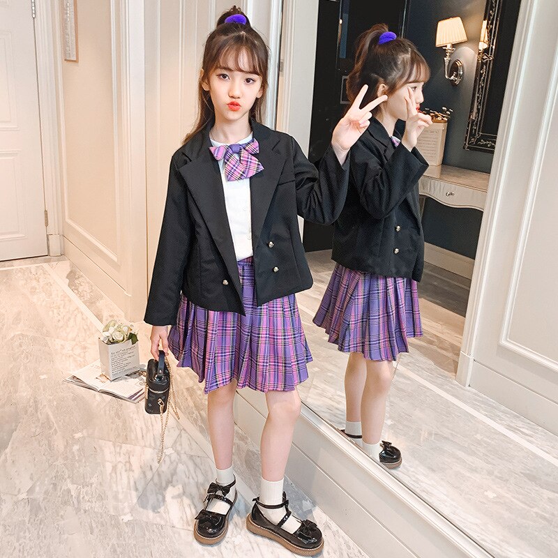 Traje a cuadros JK para niña, Blazer informal, Falda plisada y camisas blancas, conjunto de ropa para niña adolescente, trajes para niña