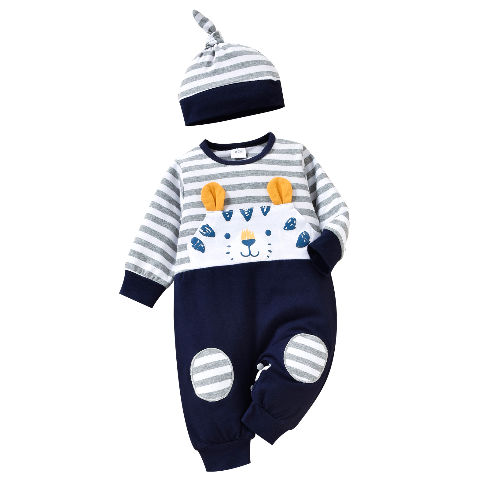 Pasgeboren Baby Jongen Rompertjes Set Tijger Patroon Gestreepte Print Lange Mouwen Jumpsuit Met Beanie Hoed