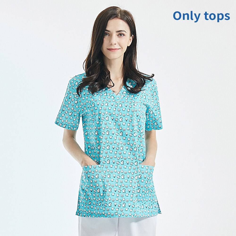 Col en v respirant scrubs vêtements de travail dessin animé impression scrubs hauts/chemises uniforme animal de compagnie toilettage travail vêtements ensemble hommes et femmes: tops / L