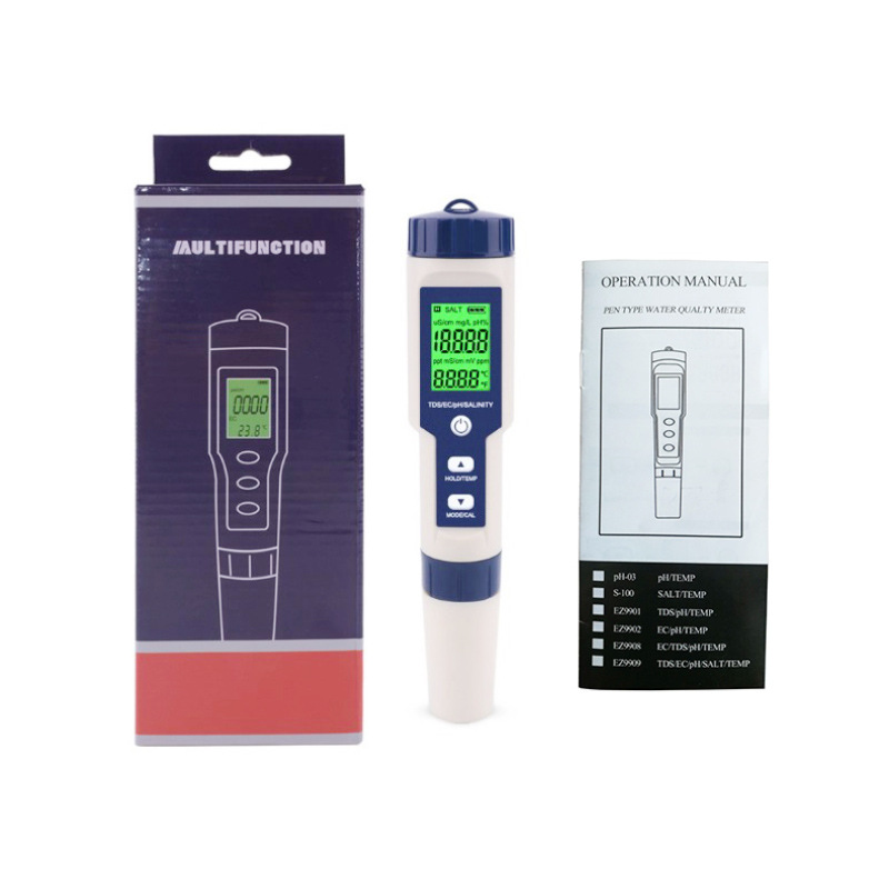 Ph Meter 5-In-1 Ph/Tds/Ec/Zoutgehalte/Temp Meter Water Quality Tester voor Voedsel Drinkwater Aquaria: Default Title