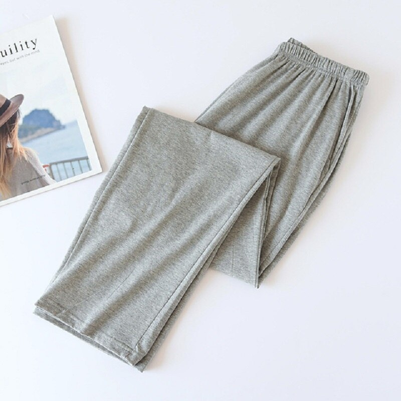 Spring Summer Lovers Loose Thin Sleep Bottoms Solid Color Men Women Full Length Pants Elastic Waist Couples Caual Wear: men-grey / M