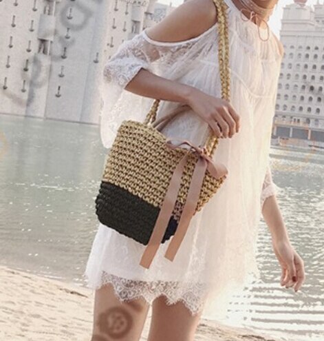 sac de paille femmes sac à bandoulière centre rond rotin paille tissé à la main bohème grande taille sac de plage: Black
