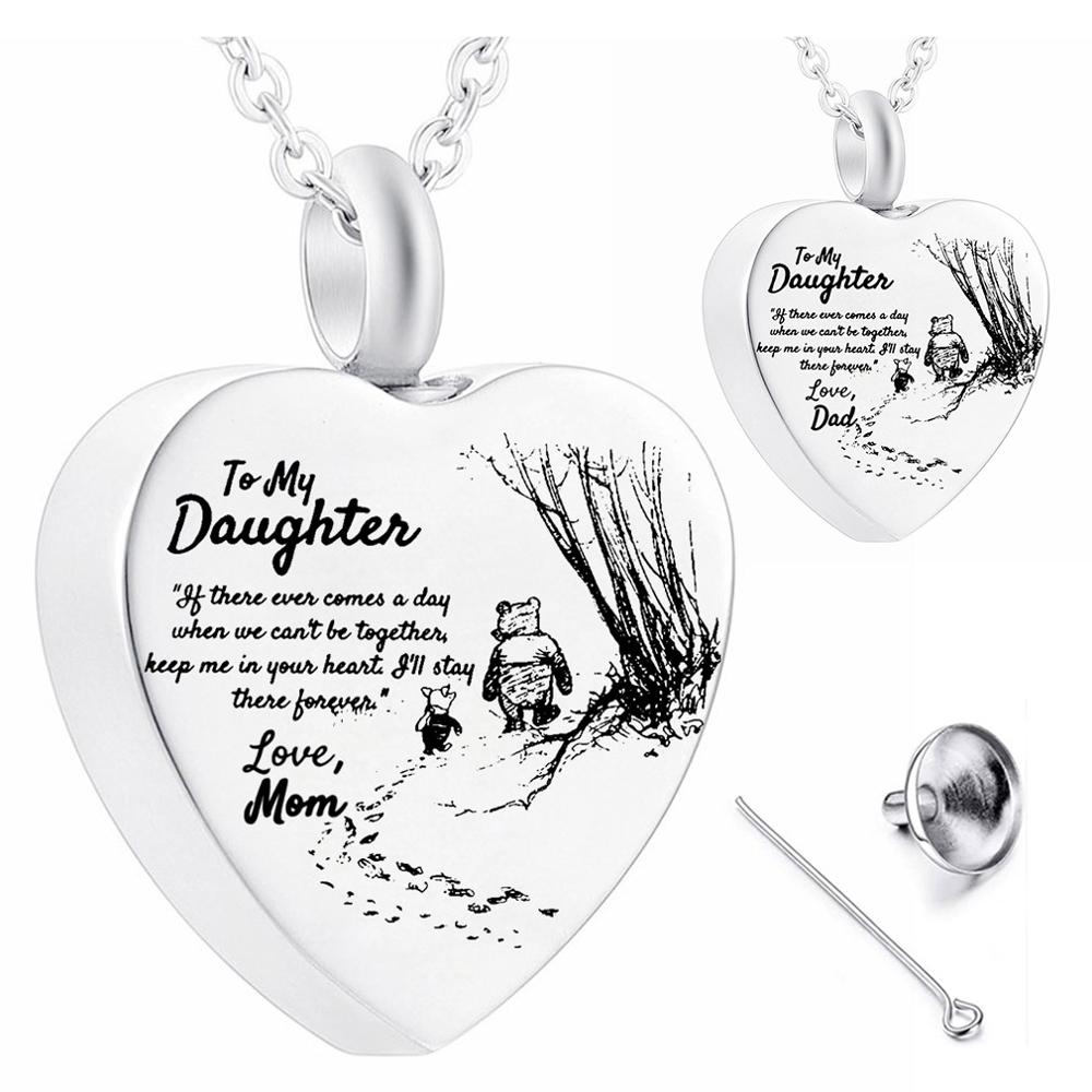 To My Daughter Heart Cremation Urn Necklace for Ashes Urn Jewelry, Carved Locket Stainless Steel Memorial Pendant From Mom& Dad