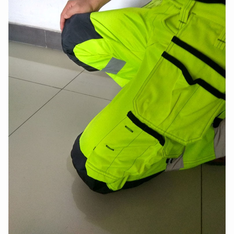 Reflekterende arbejdsbukser til mænd med høj synlighed fluorescerende gule arbejdsbukser med flere lommer med knæbeskyttere arbejdstøj cargobukser