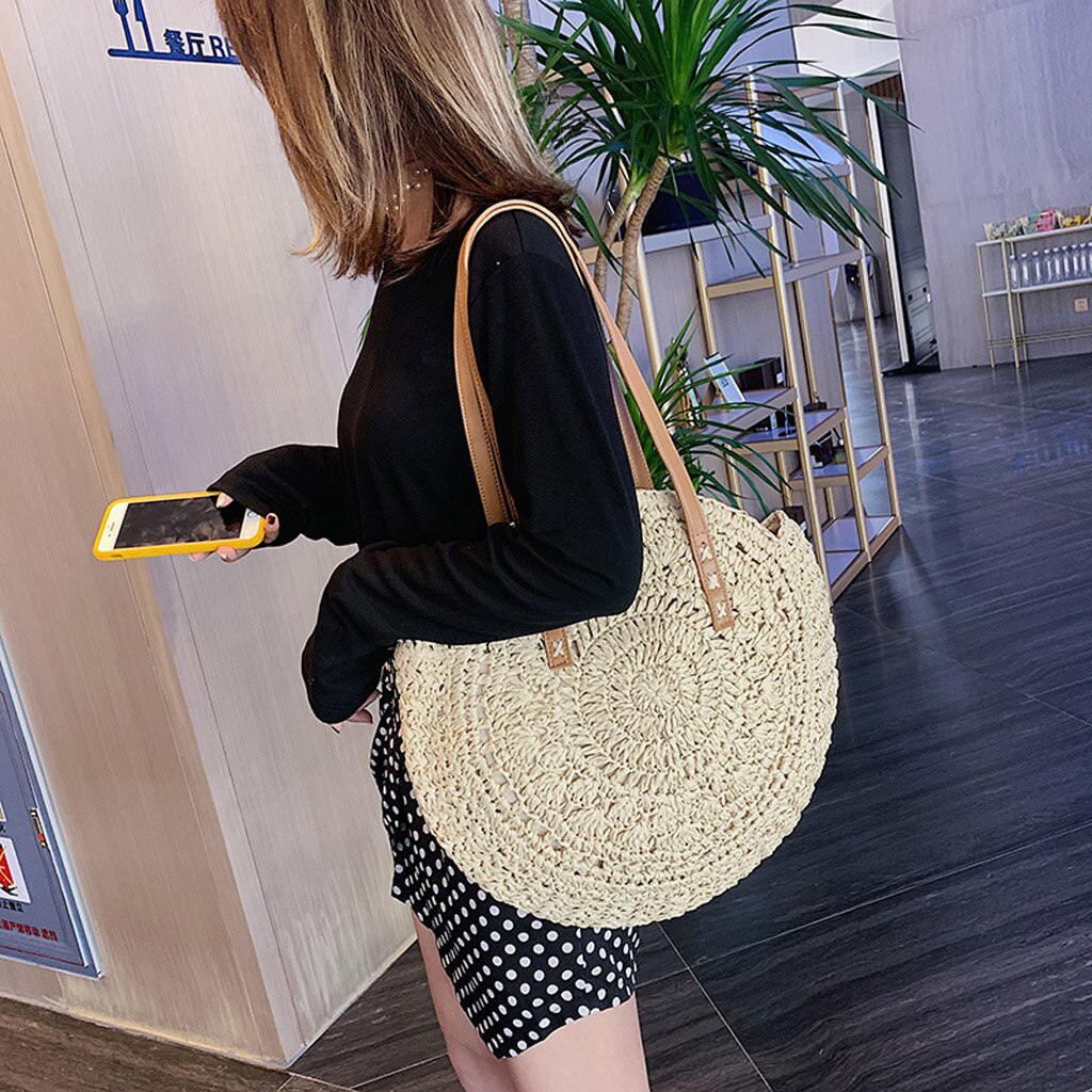 Saco de praia de palha redonda feminina saco de ombro tecido artesanal do vintage ráfia círculo rattan sacos boêmio verão férias sacos casuais