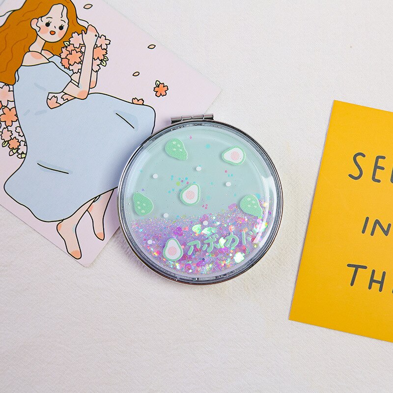 Portable Double-Sided Folding Cosmetic Mirror Girl Flowing Sparkling Sand Mini Avocado Makeup Mirror Compact Pocket Mirrors: B