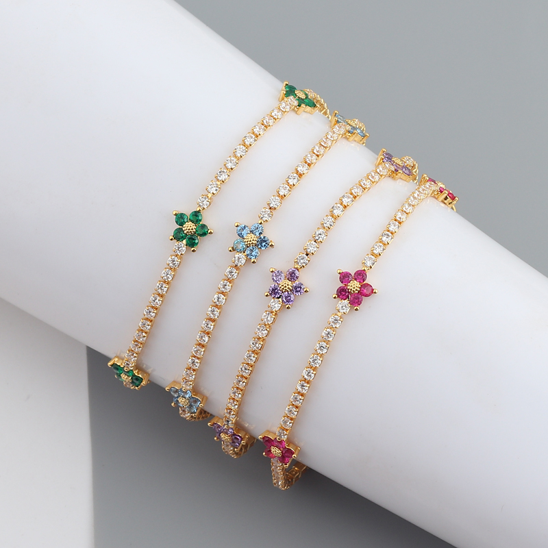 Lente Nieuw Aangekomen Party Sieraden Prong Set 5A CZ Tennisketting Regenboog Daisy Flower Charm Kleurrijke Regenboogarmband