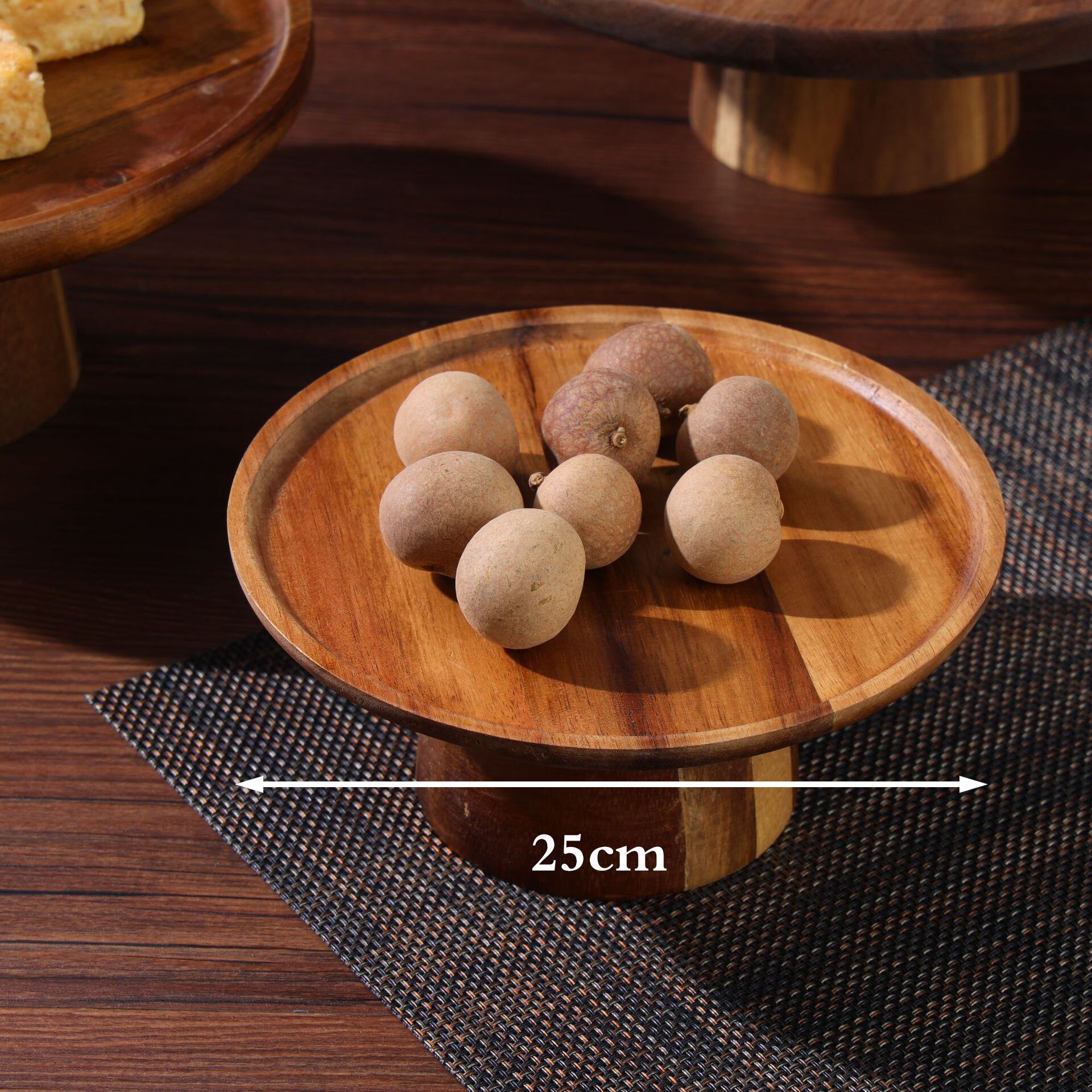 Japanese-style acacia wood high-footed cake stand solid wood dessert plate serving tray living room fruit snacks wooden plate: 25cmx9cm