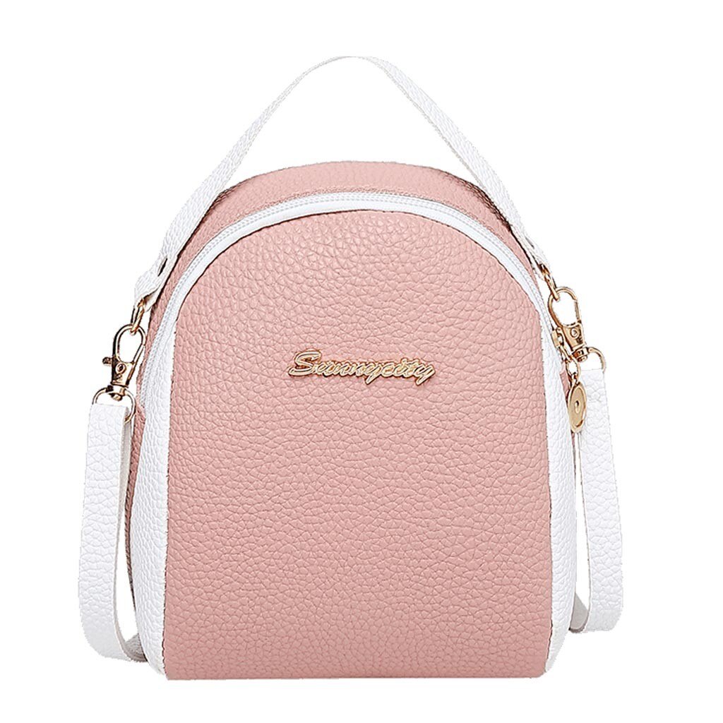 Women Small Backpack Female Letter Purse Mobile Phone Messenger Shoulder Bags Girl Mini Schoolbag Leather Backpacks: Pink