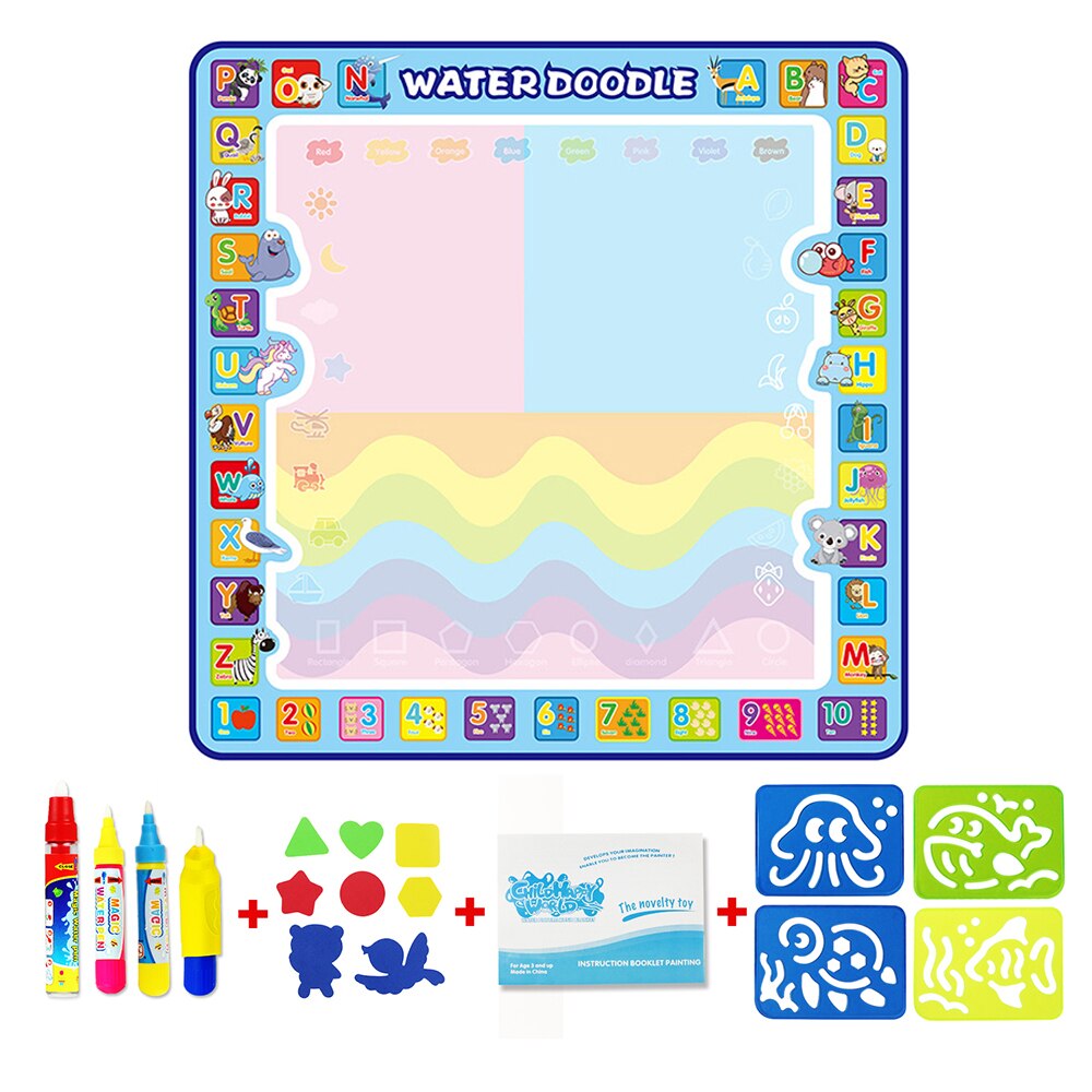 Estera de dibujo educativo para niños, tapete mágico de 100x100cm para dibujar con agua, tapete para garabatos, 4 bolígrafos de dibujo y 1 Juego de sellos, tablero de pintura: Type C 100x100cm
