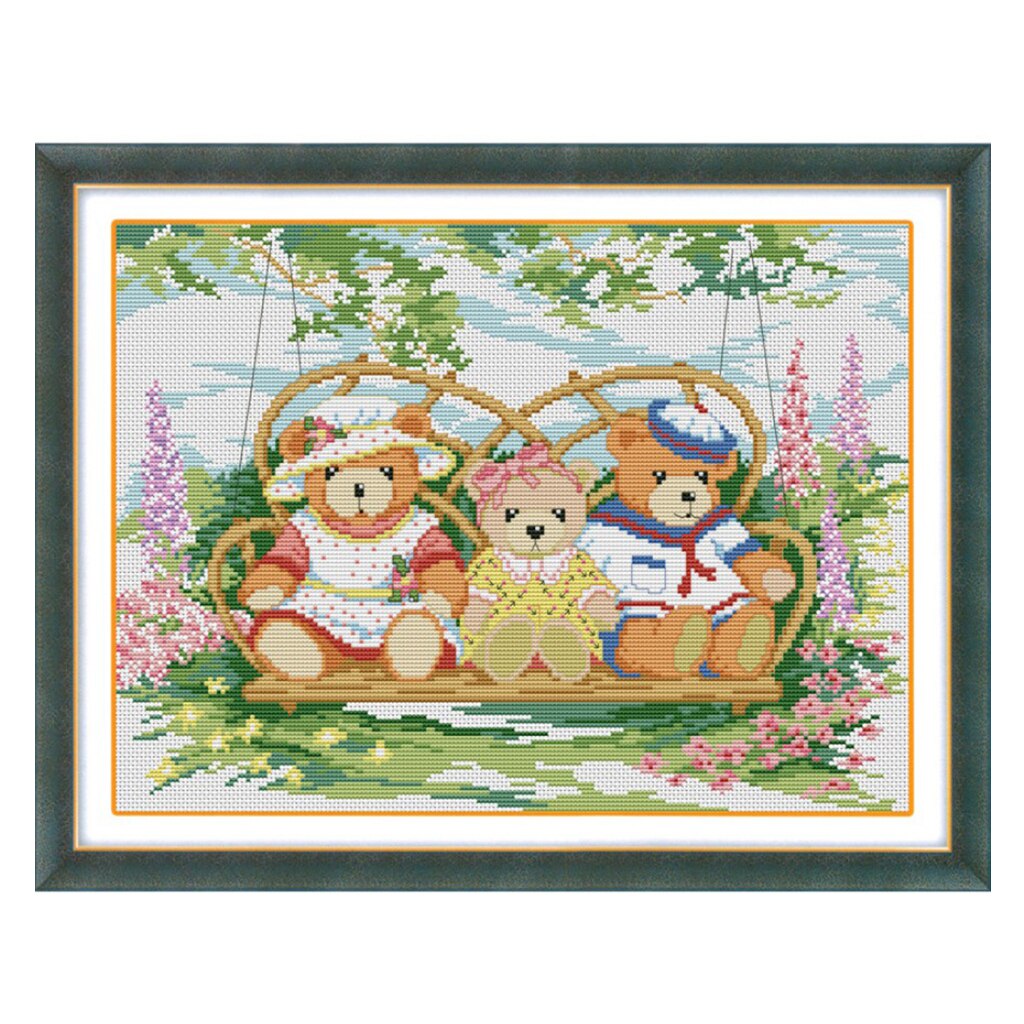 Dimensions Cross Stitch Kits Patterns Embroidery Kit - Cartoon Bears on Swing (STAMPED)