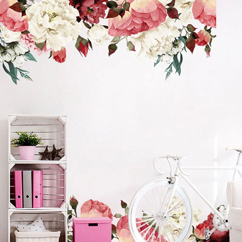 Muursticker pioenroos, rood met witte kleur, bloemenkunst, kinderkamerdecoratie, kinderkamerdecoratie, behang