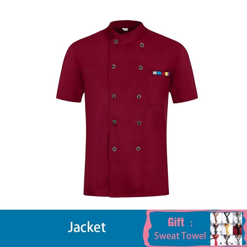 Chef Jacket Waiter Uniform Summer Kitchen Hotel Canteen Dessert Coffee Bakery Barbershop Work Clothes Free Scarf: Red / XXXL