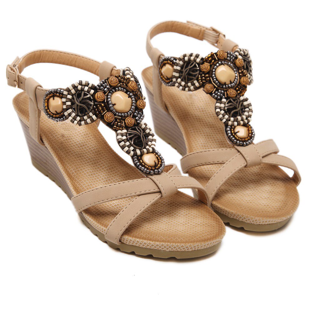 Yaerni bohemia keilsandalen für damen, sommer, Jahrgang, strass, kippen-Flops, strandschuhe: Beige / 9