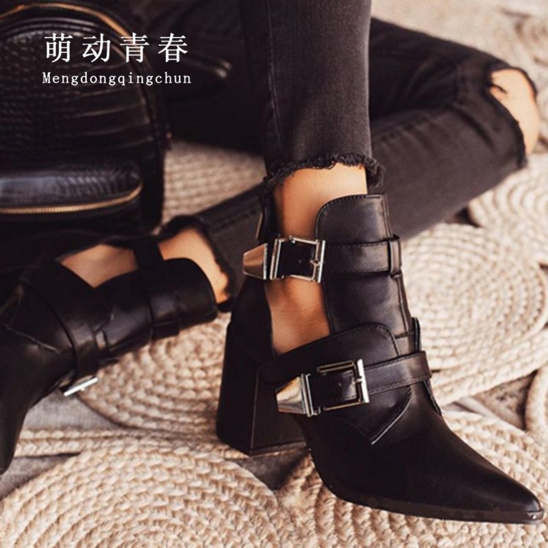 Taille 42 bottines femmes bout pointu à talons hauts femmes bottes d'été pompes Mules Sexy dames évider boucle sangle bottes de fête