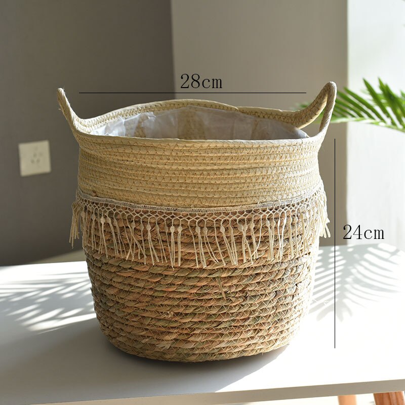 Pot de fleur panier de rangement en paille plantes vertes en Pot panier de fleurs sol tissé à la main intérieur Pot de fleur jardinières Pots jardinières: Beige tassel mouth28