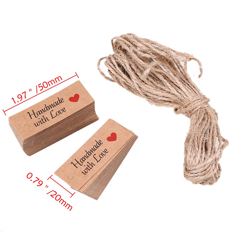 Étiquettes avec ficelle, montre, affichage de prix, cartes en papier Kraft, faites à la main avec amour, étiquette vierge pour vêtements, 100 pièces