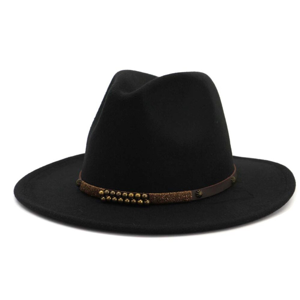 Men Women Fedora Hat With Belt Wide Brim Hat Ladies Winter Hat Pop Jazz Hat: Black